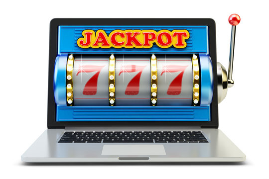 Jackpot, gambling gain, luck and success concept, casino app, laptop computer with slot machine with winning event isolated on white