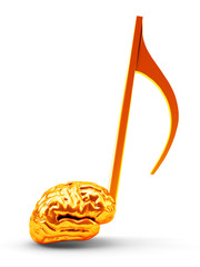 Music listening concept, orange musical note symbol with human brain isolated on white background