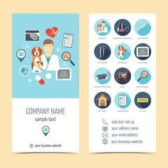 Flyer, brochure for vet clinic. Pet care. Set of promotional products. Flat design. Vector
