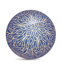 Unusual blue decorative glossy shine sphere ball with golden flo