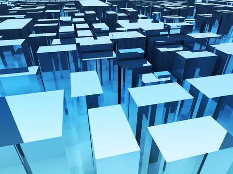 Abstract Architecture Background, Cityscape With Skyscrapers Towers, Perspective View Of Blue Surface With Chrome Reflective Cubes