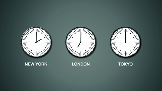 New York, London and Tokyo time, world time zones, three clocks mounted on office wall displaying time, full turn, loopable time lapse footage.