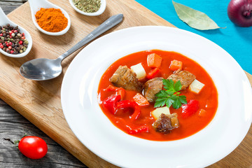 Beef stew with vegetables or goulash, traditional hungarian meal