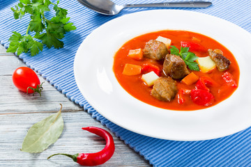 Beef stew with vegetables or goulash, traditional hungarian meal