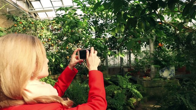 beautiful young woman taking pictures on phone inside the Botanical garden