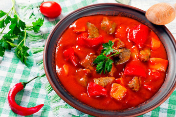 Beef stew with vegetables, goulash, traditional hungarian meal,