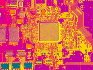 Infrared  circuit board close up with microchips and transistors