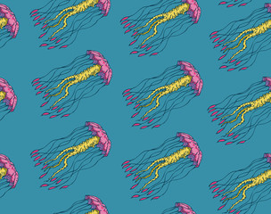 Seamless Vector Pattern with Pink Giant Jellyfish