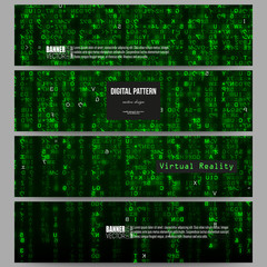 Set of modern banners. Virtual reality, abstract technology background with green symbols, vector illustration.