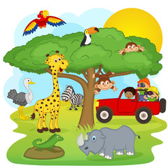 children on a safari tour - vector illustration, eps
