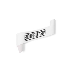 End off season, sale sign, paper banner, vector ribbon with shadow isolated on white