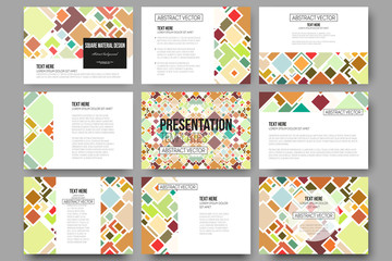 Set of 9 templates for presentation slides. Material Design. Colored vector background