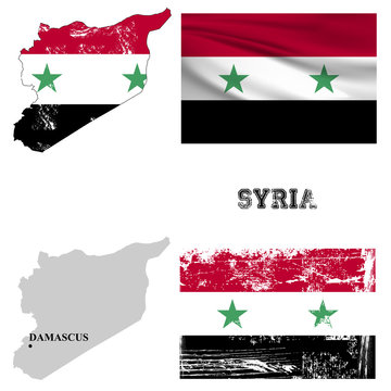 Карта и флаг Сирии в старинном и современном стиле.