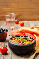 Black beans, corn and tomato red and white rice with chicken
