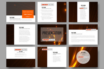 Set of 9 templates for presentation slides. Abstract lines background, dynamic glowing decoration, motion design, energy style vector illustration
