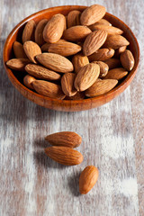 Almonds super food in a wooden dish