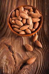 Almonds super food in a wooden dish