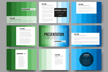 Set of 9 templates for presentation slides. Abstract colorful business background, blue and green colors, modern stylish striped vector texture, simple cover design