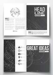 Set of business templates for brochure, magazine, flyer, booklet or annual report. Molecular construction with connected lines and dots, scientific design pattern on black background