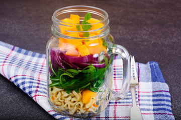 Pasta with Pumpkin, Arugula and Red Onion