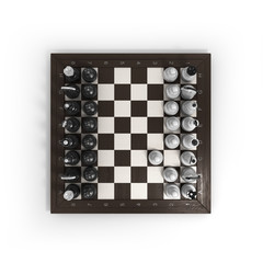 wooden chess arranged on a chessboard isolated on white