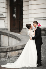 Fototapeta premium Luxury married wedding couple, bride and groom posing in old city
