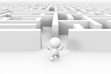 cute white 3d character is very excited about finding the exit out of a huge maze