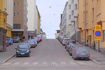 Helsinki, Finland - March, 14, 2016: the parking cars in Helsinki, Finland
