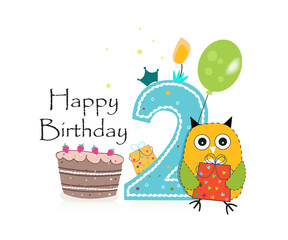First birthday greeting card. Cute owl, balloon and birthday cake vector background