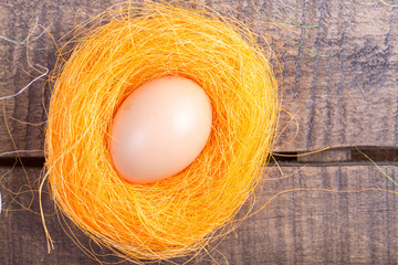 Easter eggs  on wooden background. Top view. 