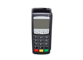 Payment terminal isolated on white. Front panel texture for obje - obrazy, fototapety, plakaty