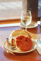 San Francisco clam chowder served in a bread bowl