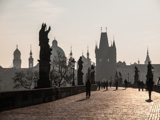 Sunny morning on Charles Bridge in Prague
