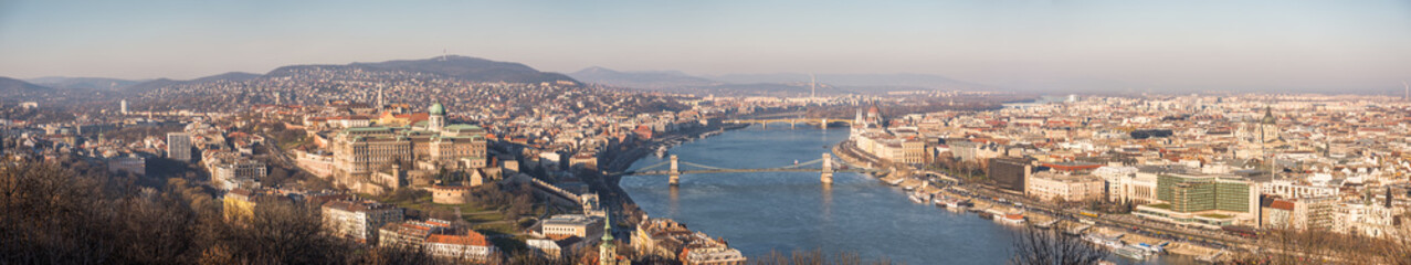 Fototapeta na wymiar Wide Panoramic View of Budapest and the Danube River as Seen from Gellert Hill Lookout Point