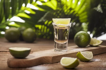 Poster Gold tequila shot with lime fruits © nikilitov