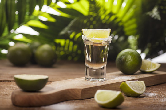 Gold tequila shot with lime fruits
