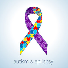 Vector illustration of autism and epilepsy connection concept, awareness ribbon