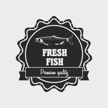 Fresh fish label or logo design template with salmon fish. Black label on white background