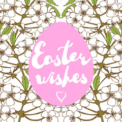 Easter greeting card. Cherry blossoms and handwritten text "Easter wishes"