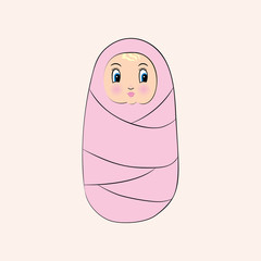Cute little baby in swaddling clothes. Cartoon style newborn child.