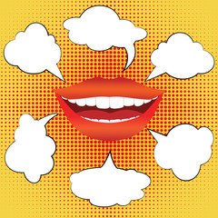 Pop art style smiling woman mouth with different blank speech bubbles