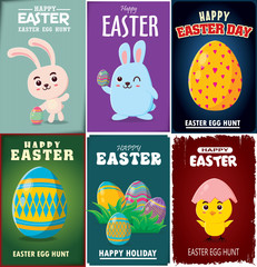 Vintage Easter Egg poster design set with Easter bunny