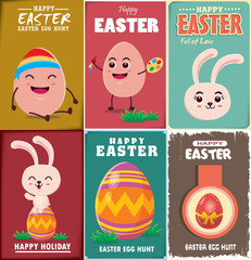 Vintage Easter Egg poster design set with Easter bunny