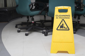 cleaning progress caution sign in office