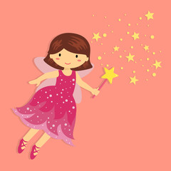 Illustration of Cute Little Pink Fairy with Wand and Stardust Flying in Pink Background.