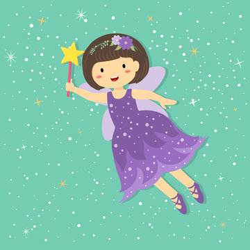Illustration of Cute Little Purple Fairy with Wand and Stardust Flying in Star Tosca Green Background.