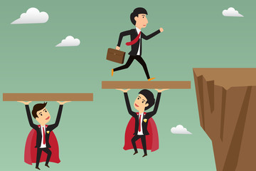 businessman jump through the gap supported by super businessman.