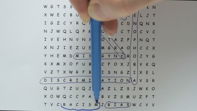 Word search puzzle with racism being circled in blue pen with supporting words in text.