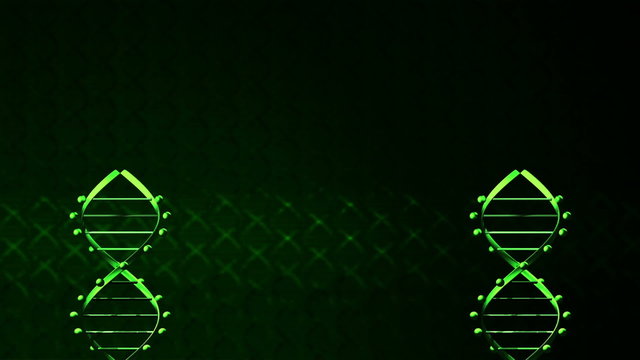 Twin sprialing 3D DNA helices on textured green background.