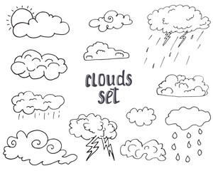 Hand drawn Doodle set of different Clouds, sketch Collection  vector illustration isolated on white